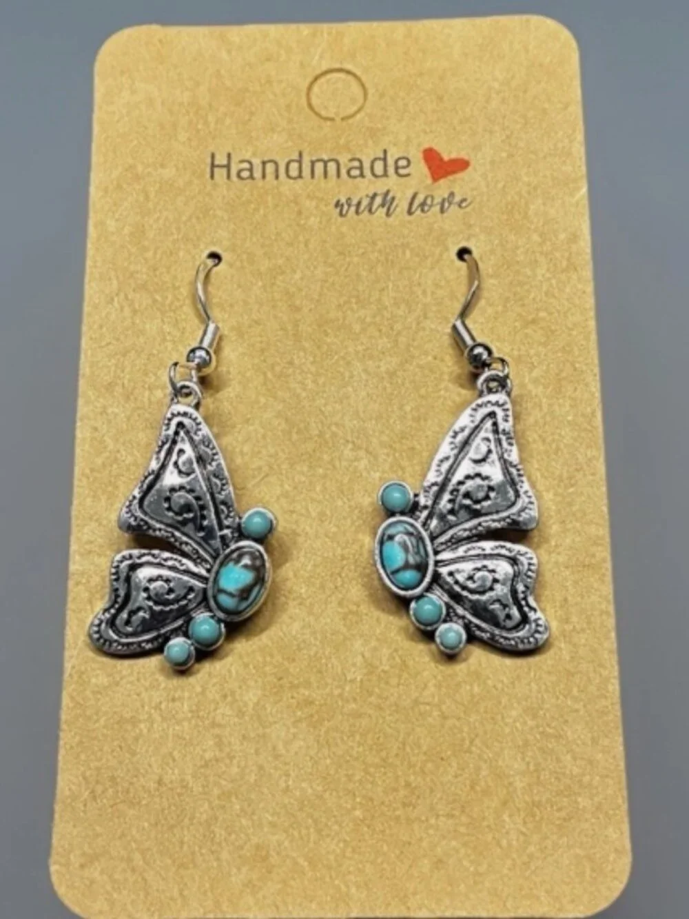 Turquoise & Silver Butterfly Dangle Earrings Handmade Southwestern Boho NWT